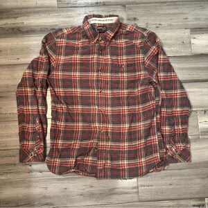 O'Neill Shirt Mens Large Red Tan Plaid Flannel Long Sleeve Button Up Outdoor